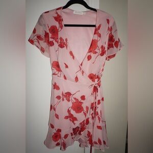 ALL IN FAVOR pink and red wrap dress. M